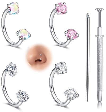 Nymora Set 4 Piercing Nasale, 18G Argento 8mm Piercing a Cavallo con Zircone – Anello Nasale, Anello Labbra, Helix Ring, Tragus Piercing Set + Attrezzo di Impugnatura