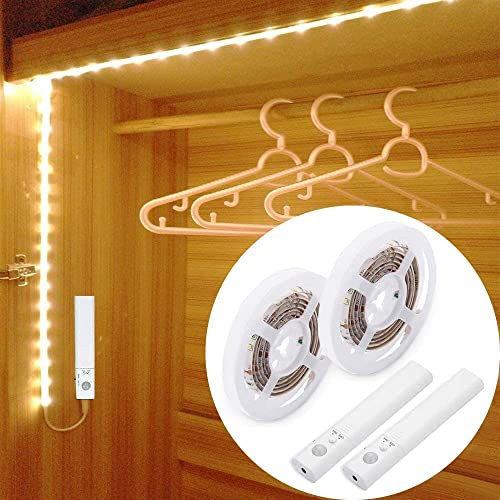 LUXJET Warmweiß LED Streifen mit Bewegungsmelder für Kleiderschrank 1M Klebe Led Streifen Batteriebetrieben für Schrank, Küche, Toilette, Schlafzimmer, Treppe