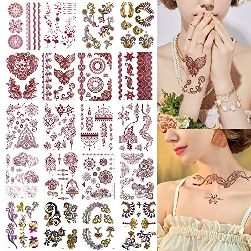 XMASIR 20 Sheets Brown Red Tattoos Stickers Lace Colorful Tattoo Flash Fake flower Tattoo Waterproof Temporary Tattoo Stickers for Women Girls Body Art