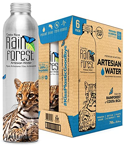 RainForest Artesian Water from Costa Rica. Aluminium Reusable Bottle 25.4fl.oz/750 mL. (6 Pack)