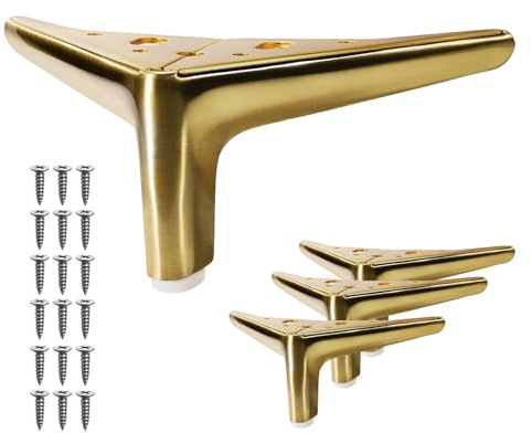 VEHCIL 4-inch Brushed Gold Furniture Legs, Legs for Furniture Set of 4 Modern Furniture Feet Metal Table Legs for Cabinet Sofa Couch Chair Bed Dresser Wardrobe Risers DIY Replacement