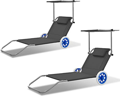 Izrielar Tumbona de jardín con 2 ruedas, 2 tumbonas de jardín, plegable, con protección solar, tumbona plegable, con ruedas, respaldo ajustable, antracita