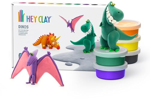 HEY CLAY - 6 Dosen lufttrocknende Knete für Kinder ab 3 Jahren - Kreatives Bastelset - Modelliermasse lufttrocknend Knete ab 3 Jahre (Dinos: Pterodaktylus, Triceratops, Tyrannosaurus)