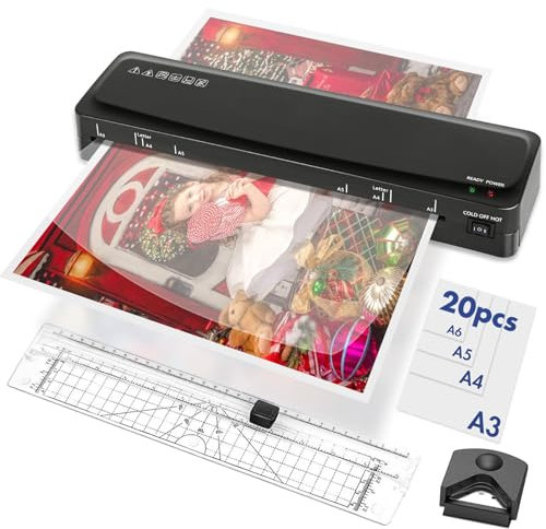 Laminiergerät, Laminiergerät A3 Laminiermaschinen mit Papierschneider und Laminierfolien A3 A4 A5 A6, Heiß und Kalt Laminiergerat für den Heimgebrauch Büro Schule Fotos (Laminiergerät a3+20PCS)