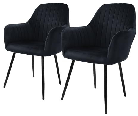ML-Design Lot de 2 Chaises de Salle à Manger, Noir, Aspect en Velours, Assise Rembourrée avec Pieds en Métal, Dossier et Accoudoirs Ergonomiques, Fauteuil Moderne pour Salon, Bureau Chambre, Cuisine