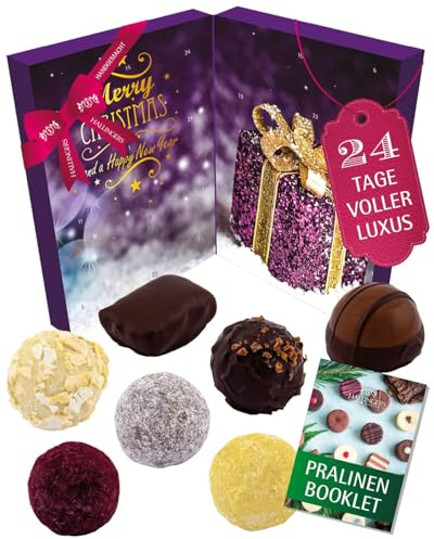 Hallingers Genuss Manufaktur Veganer Pralinen Adventskalender mit & ohne Alkohol – 24 handgemachte vegane Schoko Pralinen aus Edelkakao - Süßigkeiten Geschenk Erwachsene - Weihnachtskalender 2025