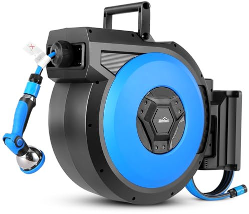 Himimi Schlauchtrommel 30m + 2m Wand-Schlauchbox, 180° Schwenkbar Gartenschlauch Aufroller, Wasser Schlauchaufroller Automatischer mit 10-in-1 Multibrause, Wandhalterung für Gärten Bewässerung