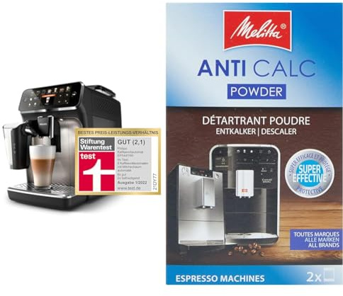 Philips Series 5400 Kaffeevollautomat – LatteGo Milchsystem & Melitta 178582 Entkalker Kaffeevollautomaten Anti Calc Espresso 2 Pulver Beutel je 40g (2x 40g), Verpackung kann variieren