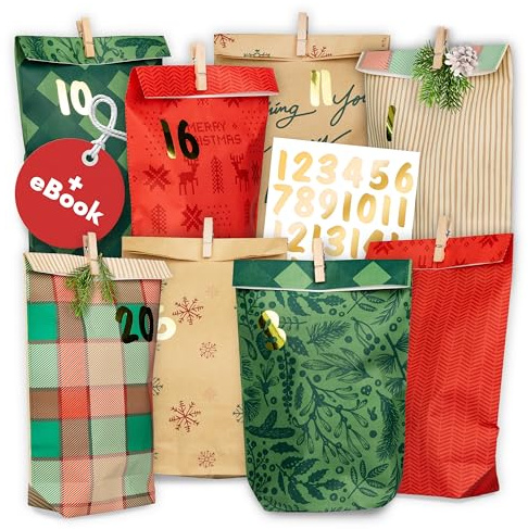 AMARI ® Calendario dell'Avvento da riempire n. 19 Christmas Morning – 24 sacchetti di carta dell'Avvento (con clip di legno) per il fai da te per Natale – sacchetti di carta di Natale