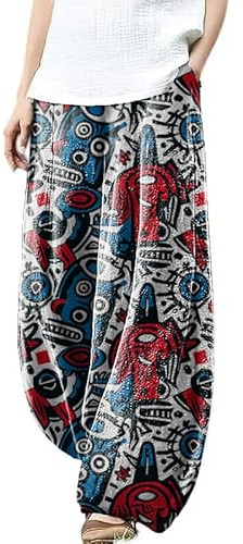 Harem Pants Women with Pockets Abstract Print Plus Size Linen Cotton Wide Leg Casual Loose Trousers High Waist Summer Beach Palazzo Drawstring Boho Pants,3XL
