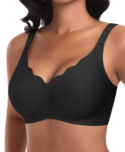 Ganado Damen Nahtloser BH Ohne Bügel Tiefem V-Ausschnitt gewellte Ränder Push Up BH Bralette Soft Bequem BHS Bügellos Bustier (Schwarz-Vordere Welle, L)