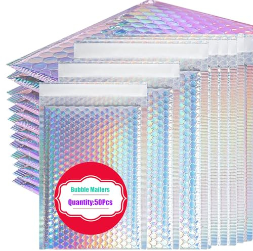 xlehoely 50 PCS Metallic Bubble Mailers,Poly Padded Envelopes,Holographic Bubble Mailers,Waterproof Shipping Bags,Self Seal Foil Glitter Glamour Cushion Envelopes for Mailing,Packing,Small Business
