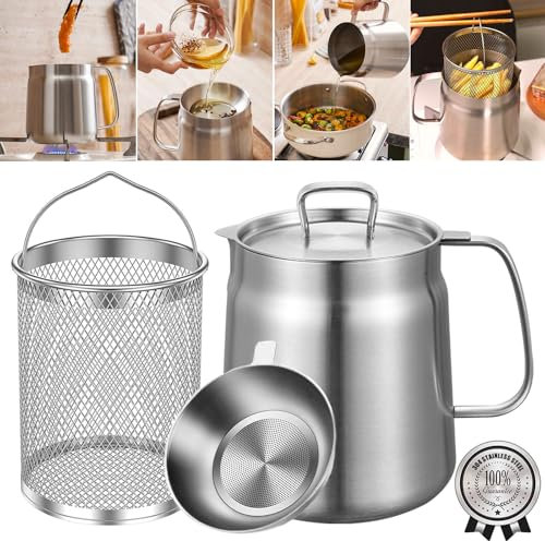 HOMKULA 2-in-1 304 Stainless Steel Multifunctional Oil Strainer Pot, Food Strainer, Large Capacity Oil Filter Pot, Bacon Grease Container with Deep Fryer Basket(2.1L)