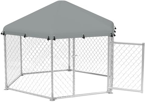 HENGMEI Hundezwinger mit Überdachung Outdoor Hundehütte Zwinger Hundehaus Hundekäfig Tierlaufstall Freilaufgehege Tiergehege mit Schloss Kleintierestall (Sechseckig - 210x185x150cm mit Dach)