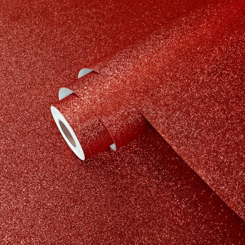 Yullpaper Selbstklebende Tapete Rot Klebefolie Glitzer für Möbel Kindertapete Schrankfolien Selbstklebend Möbelfolie Rote Wand Tapeten Wohnzimmer Glitzerfolie Selbstklebend Folie für Tisch 40 x 800cm