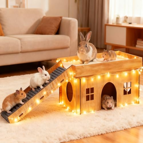 Large Rabbit Hideout, Rabbit Houses and Hideouts, Wooden Bunny House and Hideouts, Bunny Castle with Stair, Chinchilla and Guinea Pigs Hut Hideout（Excluding String Lights）