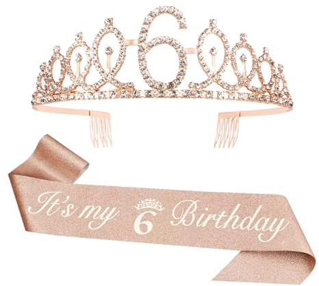KHstylehoo Couronne d'anniversaire pour fille de 6 ans, décoration d'anniversaire pour fille de 6 ans, cadeau d'anniversaire pour enfants (or rose)