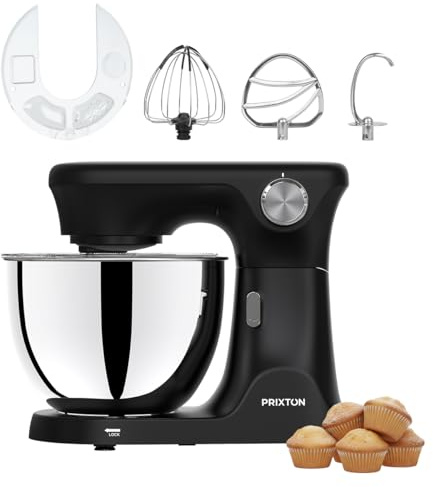 PRIXTON Batidora Amasadora KR350 2000W con Bol de Acero Inoxidable de 8 L, 6 Velocidades + Manual, Amasar Mezclar y Batir, Accesorios de Aluminio y Acero Inoxidable