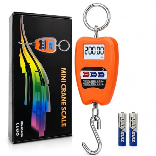 Bilancia Gancio Digitale 200kg/440LB, Bilancia Elettronica Portatile con Display LCD Retroilluminato, Dinamometro Professionale per Pesca, Valigie, Caccia, Magazzino, Agricoltura, kg/lb/N