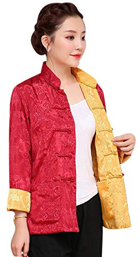 BOZEVON Hombres/Mujer Chino Tang Traje Tops - Primavera otoño Ambos Lados Abrigo Chaqueta de Manga Larga de Artes Marciales Kung Fu Camisetas Tang, S/Estilo 08 - Mujer