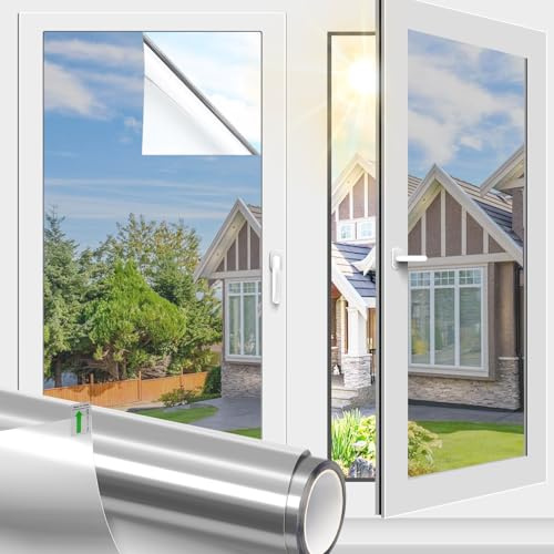 One Way Privacy Window Film Heat Control UV Blocking Static Cling Window Tint for Home Reflective Mirror Glass Coverings for Bedroom Office Sliding Door See Out Not in 17.5Inch x 7.8Feet Silver