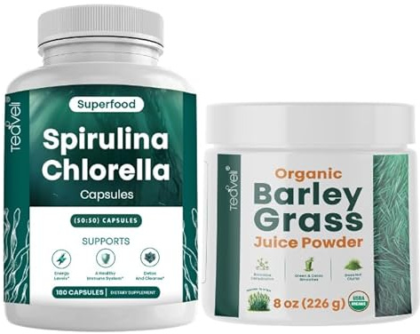 Teaveli Spirulina Chlorella Capsules and Barley Grass Juice Powder Bundle