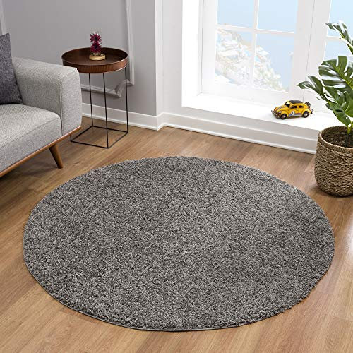 Impression Teppich Rund - Perfect Teppiche fürs Wohnzimmer, Flur, Schlafzimmer, Kinderzimmer, Babyzimmer - Hochwertiger Öko-Tex Zertifizierter Flächenteppich - Solid Color Grau - 150 cm Rund