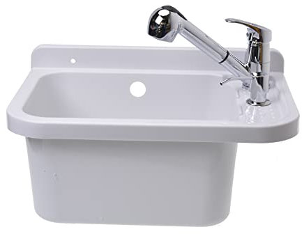 Aqbau® Ausgussbecken mit Armatur I Set Ausgussbecken Weiß 50cm Waschbecken Spülbecken inkl. Ausziehbare Einhandmischer I Waschbecken Keller