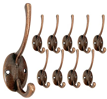 Mokife Gancho Perchero Antiguo, 10 Piezas Retro Percheros Ganchos Dobles de Metal para Colgar Abrigos Ropa Batas Toallas Bolsas Sombreros Gorras Llaves Bufandas Tazas, Cobre