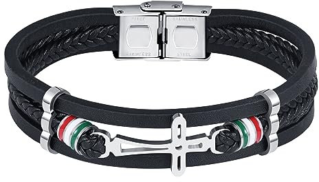 Feilok Kreuz Armband für Herren Leder Armband Geflochtenes Armreif Wickelarmband Lederarmband für Männer Armband Männer Edelstahl Armband