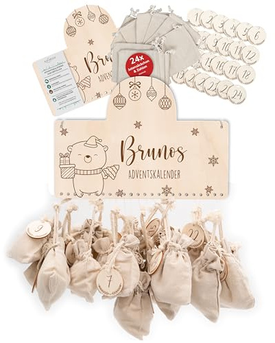 KIDSMOOD - Personalisierter Adventskalender 2025 für Überraschungen, Adventskalender zum Befüllen, DIY Weihnachtskalender mit Geschenktüten & Holzzahlen - Praktische Weihnachtsdeko
