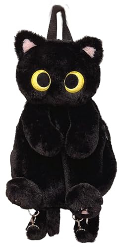 Fonowx Plüschtier Katze Rucksack, Damen Katzen Plüsch Rucksack, Niedliche Schultasche, Cute Plush Animal Cat Backpack, Plush Daypacks, Kitten Cartoon Backpack für Snack Handy Kosmetik, Schwarz