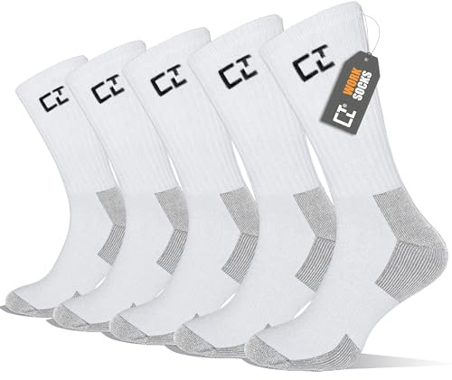 CTL® 10 Pairs Men's Work Socks Wide Comfortable Crew Sock Outdoor Heavy Duty Performance Arch Support Cushioned Sole Walking Mesh Reinforced Toe & Heel (UK, Numeric, 6, 11, Regular, Regular, White)