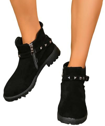 Stora Stövlar Klassiska Stövletter for Damer Med Spänne 2024 Nya Korta Stövlar Med Nitar Varma Mockastövlar Bekväma Klackskor for Mamma(Black,38 EU)