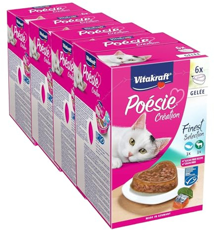 VITAKRAFT - Nourriture Chat « Poésie » - Alimentation Humide Complète pour Chat - À Base de Viande et Poisson en Gelée (Saumon et Gibier) - 6 Barquettes de 85 g (Lot de 4)