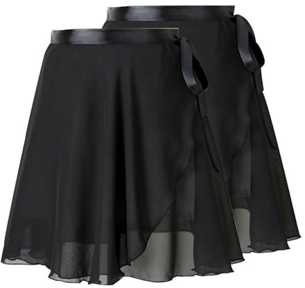 FOSDICK 2 Pcs Wickelrock Tanz Rock Chiffon, Ballettrock Damen Mädchen, Ballett Rock Verstellbare Taille Krawatte, Atmungsaktiv Dancewear(Schwarz)