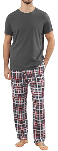 TeJoyce Pijama Hombre Largo Algodon Verano, Dos Piezas Ropa de Dormir, Conjunto Camiseta Manga Corta y Pantalones de Cuadros con Bolsillos, Ropa de Casa Suave Cómodo S-XXL