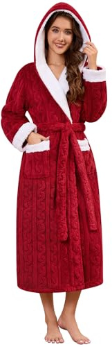 Niwicee Dammorgonrockar fluffiga damrockar med huva fleece badrock vinter lång rock varm nattkläder handduk bad nattkläder för spa hotell hem, Röd, M