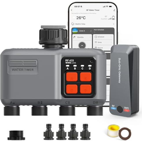 johgee Smart WiFi Water Timer 4 zone for Irrigation with 984 Feet RF Gateway, 4 Outlet Remote Control Sprinkler Hose Timer for Garden Hose, Rain Delay,WiFi Irrigation Sprinkler Controller for Garden
