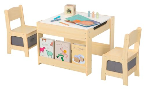 OOOK 4-in-1 Kindertisch mit 2 Stühlen, Kinder Tisch Stuhl Set, Aktivitätstisch mit Weißtafel, Schwarztafel, Aufbewahrungs-Schublade und Bücherablage, Kindersitzgruppe für Kinderzimmer und Spielzimmer
