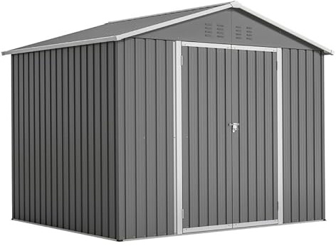 Solisburne Cobertizo de metal de 8 m³, cobertizo de jardín con puerta plegable, cobertizo para herramientas, puerta corredera y base, 229 x 180 x 191 cm, chapa de acero galvanizado, color gris