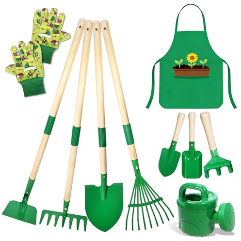 Kit Jardineria Niños, 10pcs Herramientas Jardin Set con Pala, Rastrillo, Tenedor, Guantes de Trabajo, Herramientas de Jardín (A)