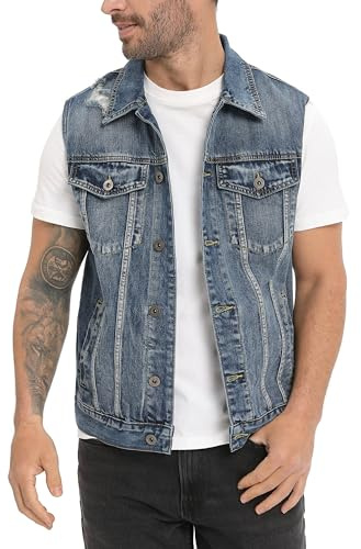 CoXuantion Gilet homme Denim Déchiré Rétro Cowboy Veste Décontractée Sans Manches Jean Veste de Moto Courte Denim Revers Vintage Gilet