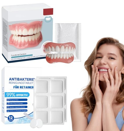 Dentures Teeth Top and Bottom, Silicone Dentures Full Mouth with Cleaning Tablets, Natural Appearance, Soft and Comfortable for Men/Women