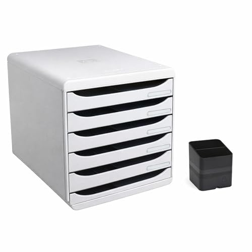 Exacompta - Réf. 309740D - PACK Module de classement Big Box Plus 5 tiroirs Office gris lumière - Dimensions extérieures 34,7 x 27,8 x 27,1 cm + 1 pot à crayons PEN CUBE Eco black noir 677014D