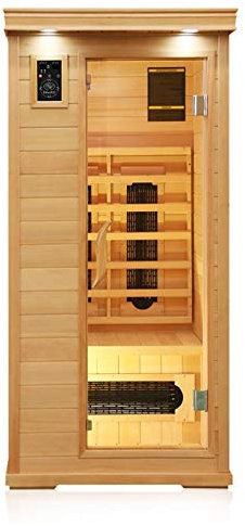 Dewello® Infrarotkabine Infrarotsauna Windsor 90cm x 90cm für 1-2 Personen aus Hemlock Holz mit Keramikstrahler, Bodenstrahler, LED-Farblicht, Bluetooth, FM,MP3,USB