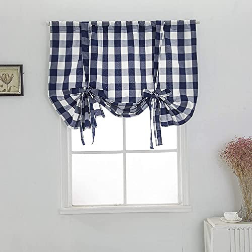 Ricemru Kariert Raffgardine Scheibengardine Blickdicht Kurz Tunnelzug Blue Gitter Landhausstil Raffrollo Bändchenrollo Bistrogardine Modern Küche Kleine Fenster,80x140cm