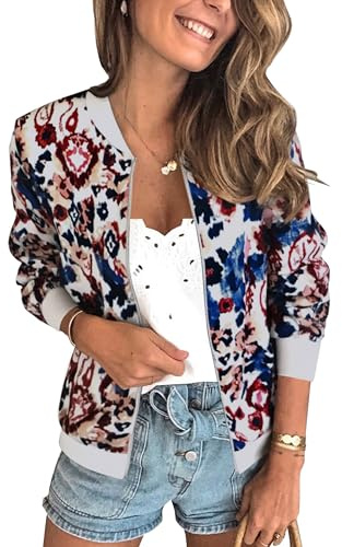 ECOWISH - Chaqueta bómber informal con cremallera, floral, para mujer, ligera, corta, sin forro, de camuflaje, cortavientos, para exteriores, con bolsillo, XL