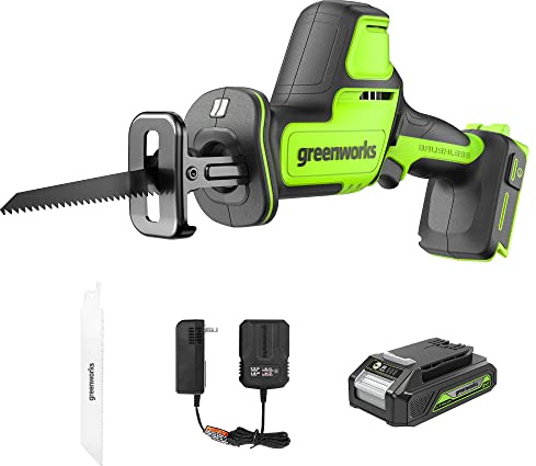 Greenworks 24V Brushless 1 Compact One-Handed Reciprocating Saw (3,000 SPM), Cordless Powered Variable Speed Recip Saw, 2.0Ah Battery and Compact Charger Included,‎ RSG404