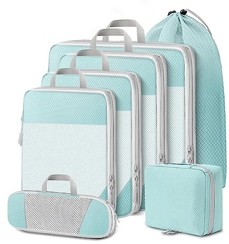 Lannvan Organizador Maleta,Set 7 en 1 de Compression Packing Cubes,Bolsas Organizadoras Viaje,Organizador Equipaje,Organizador Mochila Viaje,Organizador de Maletas para de Viaje,Ropa,Cosméticos,Azul
